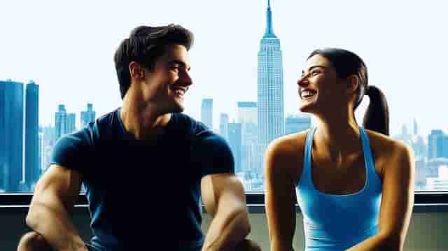 Client and personal trainer laughing on a weight bench in a private gym studio.