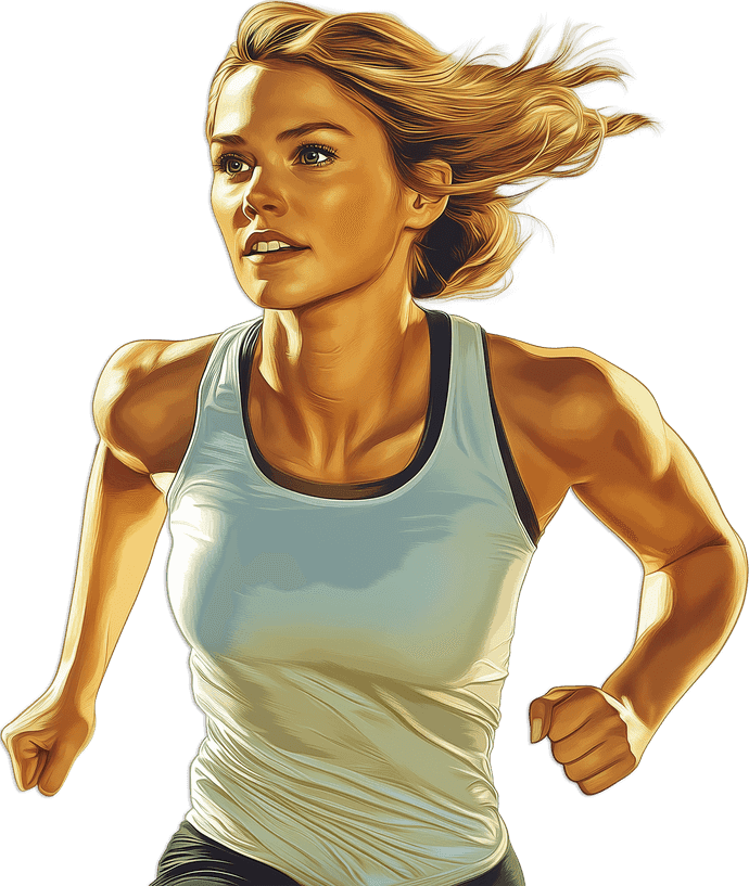 Foreground, nearly full height. A young blonde woman jogging.