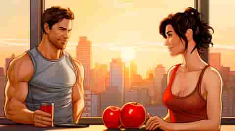 Illustration of a trainer and client discussing nutrition over apples in a private gym studio.