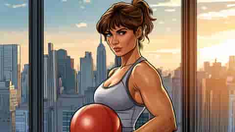 Illustration of a woman holding a medicine ball in a private gym studio.