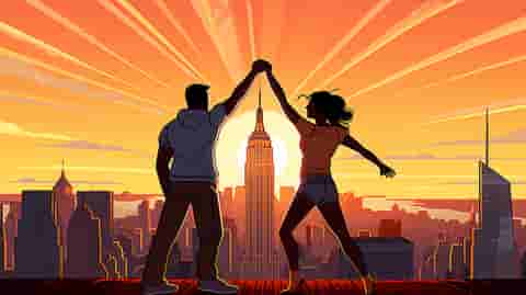 Illustration of two people dancing to a premium sound system in a private gym studio.