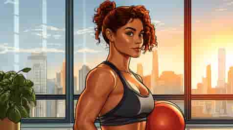 Illustration of a woman smiling and holding a medicine ball in a private gym studio.