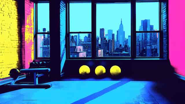 Background, full screen. A private gym studio decorated in neon yellows and pinks.
