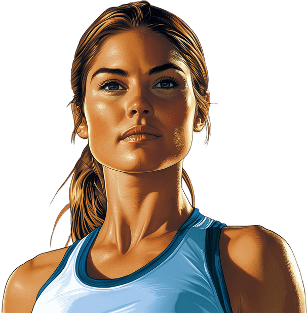 Foreground, nearly full-height. A female personal trainer looks out at you.