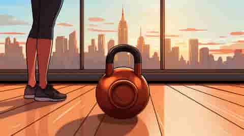Illustration of a kettlebell in a private gym studio with a city skyline view.